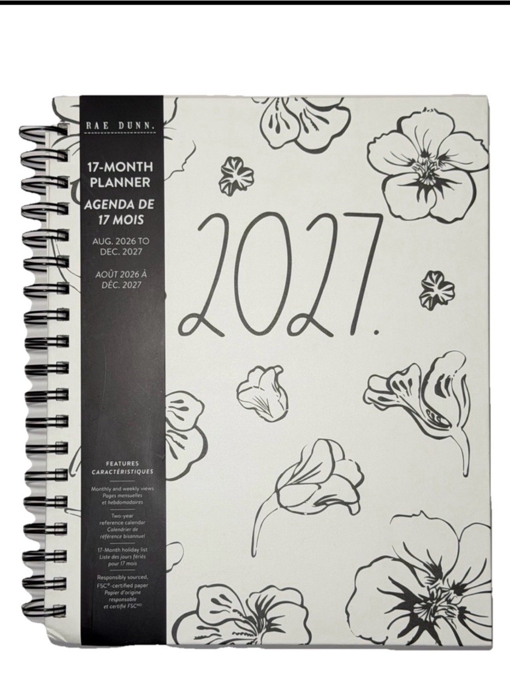 Rae Dunn 2027 PLANNER Hard Cover Flower Spiral 17 months Planner Ivory 10x8”